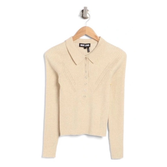 DKNY Rib Knit Polo Sweater Medium Heather Vanilla Ivory Cream NEW - Picture 3 of 7